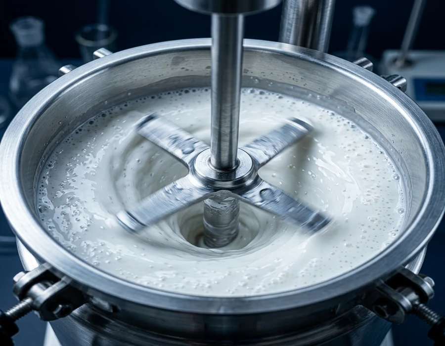 High-shear laboratory mixer blade creating an emulsion vortex in a stainless-steel vessel